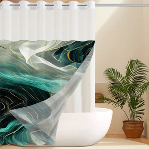 Detail of marble pattern shower curtain with gold lines and metal reinforced grommets