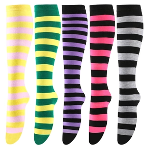 Close-up of five pairs of colorful striped knee-high socks in various bright color combos