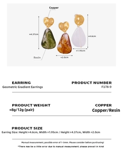 Detail showing dimensions of marble resin teardrop earrings with copper stud findings