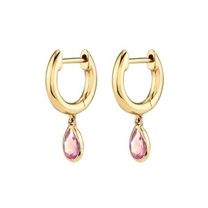 Detailed view of gold hoop earrings with pear-cut pink gemstones in bezel settings