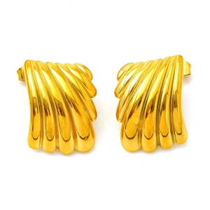 Boucles d'oreilles plumes dorées en acier inoxydable avec motif ondes verticales