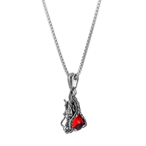 Collier hip hop en acier titane avec pendentif tête de dragon argenté et pierre rouge