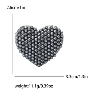 Fashion heart pearl brooch with dark grey metallic beads showing size and weight details
