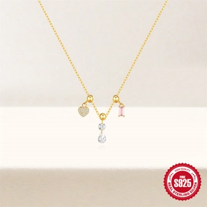 Elegant S925 sterling silver adjustable necklace with heart and pink zircon pendants