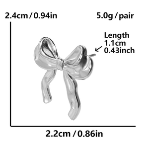 Detail view of silver bow earrings showing height 2.4cm and width 2.2cm dimensions