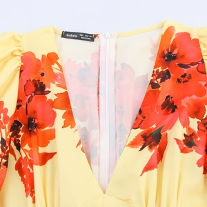 Elegantes V-Ausschnitt Kleid mit gelbem Tropen-Blumendruck und unsichtbarem Reißverschluss