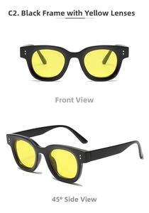 Front and side views of vintage oval sunglasses with black frames and yellow lenses