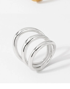 Macro view of minimalist triple-layered silver band ring with a high-polished mirror finish
