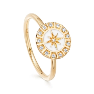 Elegant gold 925 silver ring with white enamel octagon star and zircon pave finish