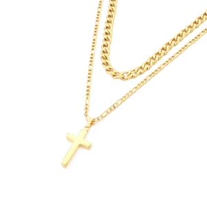 Collier double épaisseur en acier inoxydable doré avec pendentif croix pour homme