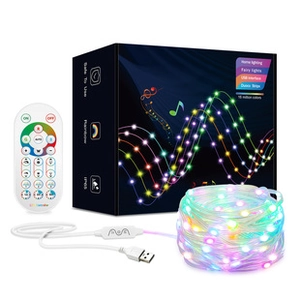 Close-up of USB RGB LED fairy lights kit with remote control and IP65 waterproof packaging