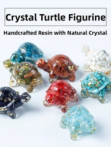 Detailed view of handmade resin sea turtles with natural crystal chips and gold foil