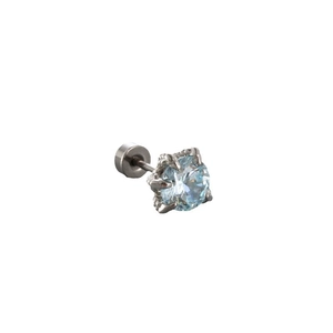 Single silver titanium steel ear stud featuring a blue gemstone with four-claw setting