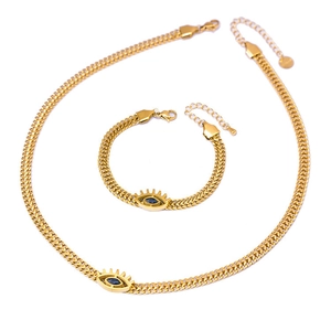 Golden snake chain jewelry set with deep blue evil eye oval pendant necklace and bracelet