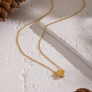 Detail of a minimalist gold star pendant necklace on a rustic pinecone background