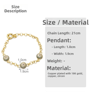 Detail of 18K gold plated pearl bracelet with evil eye pendants and dimensions