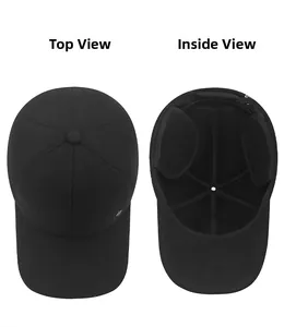 Detailed top and interior view of a black baseball cap with fold-down ear flaps