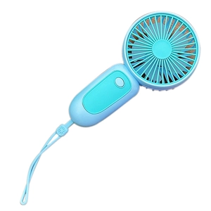 Portable light blue mini handheld USB fan with matching lanyard for travel and home use