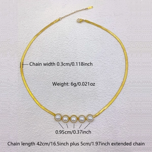 Gold stainless steel snake chain necklace with five white pearls on white background