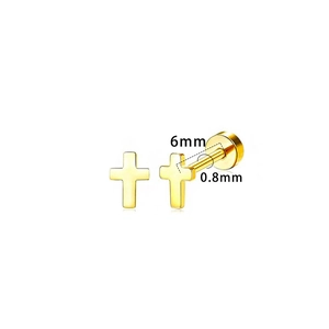 Detail showing 6mm golden cross stud earring with 0.8mm pin thickness measurements