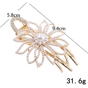 Elegant gold metal hair claw clip with white pearl flower design, size 9.4cm x 5.8cm