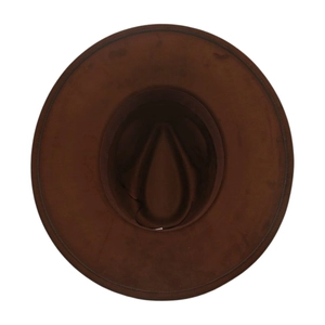 Top view of a brown wide-brim western cowboy hat with flat crown on white background