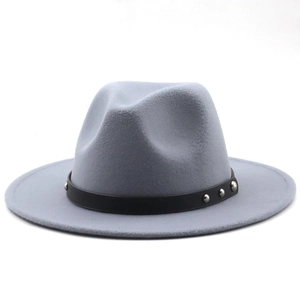 Detail of light gray wool felt fedora featuring black belt with silver metal rivets
