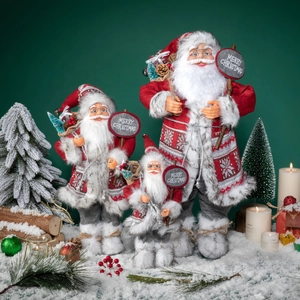 Standing Santa Claus Figurine Christmas Doll With Merry Christmas Sign Fabric Faux Fur Xmas Home Decor Tabletop Ornament