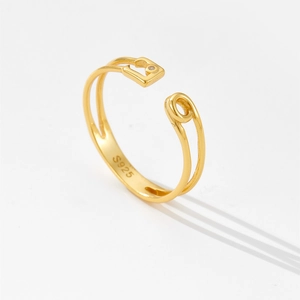 Minimalist S925 sterling silver golden safety pin ring with adjustable open band and small crystal