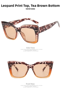Front and side view of cat eye sunglasses with leopard print and gradient tea lenses