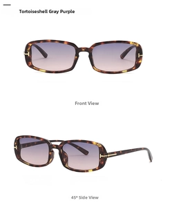 Detail view of retro rectangle tortoiseshell sunglasses with metal T-logo and purple lenses