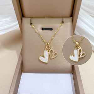 Collier Pendentif Cœur Ton Or Acier Inoxydable Cuivre Avec Nacre Et Zircon Strass Bijoux Femmes