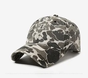 Side view of a vintage washed camouflage baseball cap with six-panel construction