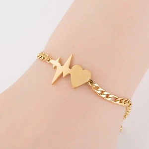 Detail showing heart and heartbeat pulse design on a gold titanium steel bracelet
