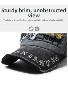 Detail of reinforced brim with ANJAMONG embroidery and distressed vintage wash