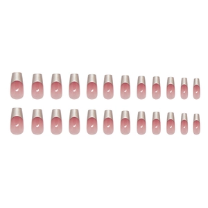Medium-long trapezoid press-on nails with nude pink base and silver glitter French tips
