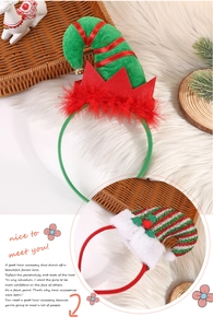Detail of Christmas elf hat headbands with green sequins, red feathers and golden bells