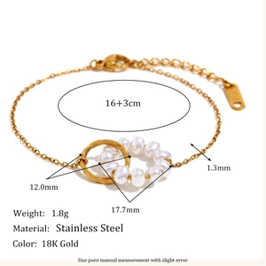18K gold plated stainless steel double ring bracelet with pearls and detailed size dimensions