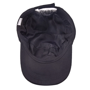 Inside view of black baseball cap with polyester lining and adjustable strap buckle