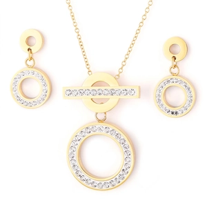 Geometric Circle Bar Necklace And Earrings Jewelry Set Stainless Steel Rhinestone Inlaid Fashion Simple Style For Women