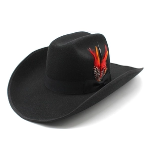 Black wool felt western cowboy hat with wide brim and decorative accent feathers