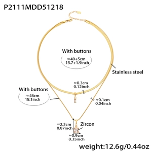 Detail view of double-layer stainless steel necklace showing exact length and zircon charm size