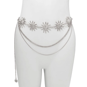 Vintage sun medallion layered silver metal body chain belt for bohemian waist decoration