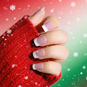 French Tip Press On Nails Christmas Snowflake Design Short Square Artificial Pink White Fake Nails For Women Festive Winter Manicure