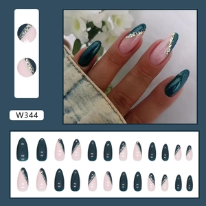 Navy blue cat-eye almond press-on nails with french glitter design and 24-piece set