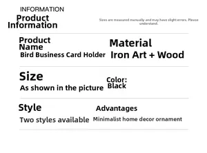 Detailed iron bird silhouette memo holder specs with black metal and wooden base details