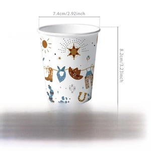 Detail of disposable paper cups with western cowboy patterns showing precise dimensions