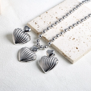 Silver stainless steel heart jewelry set featuring shell texture necklace and earrings
