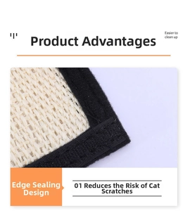 Detail of durable sisal cat scratching mat with reinforced black stitched edge design