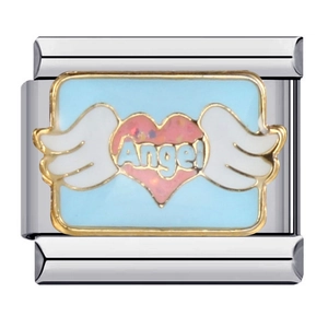 Close-up of Italian modular charm with pink winged heart and Angel text on light blue enamel